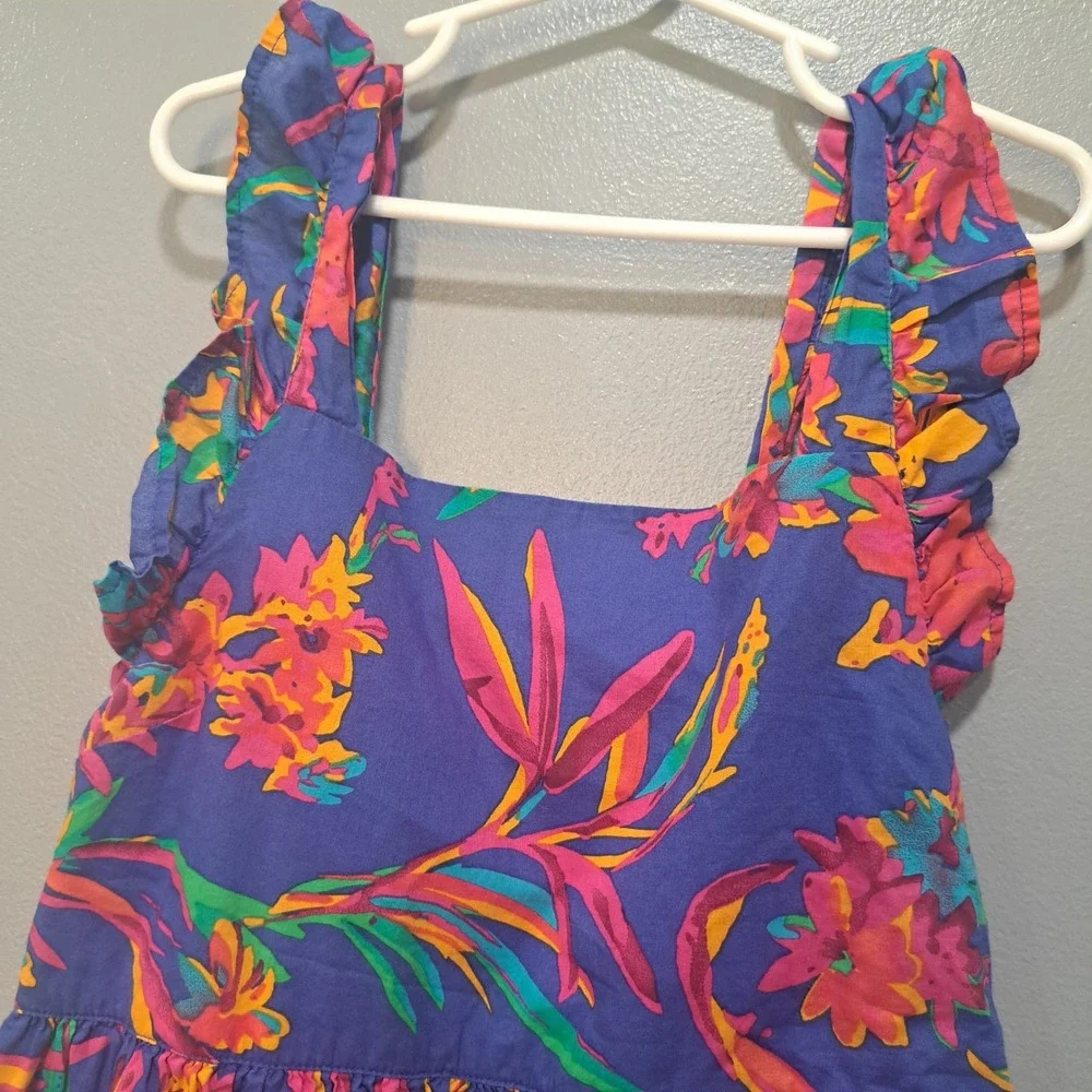 Crewcuts Girls Blue Floral Tropical Ruffle Strap Dress Size 12 Summer Boho‎